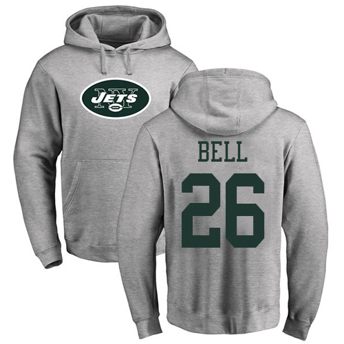 New York Jets Men Ash LeVeon Bell Name and Number Logo NFL Football #26 Pullover Hoodie Sweatshirts